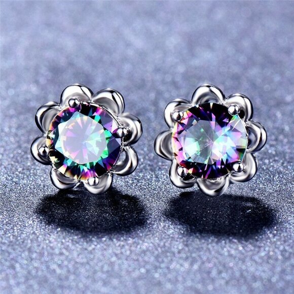 Round Colorful Micro Pave Zircon Stud Earrings for Women, EVGG1034 - Picture 1 of 5